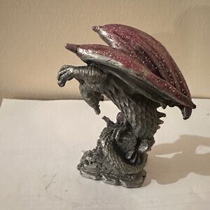 Mystical Dragon and Wizard Figurine - Silver and Purple Pewter